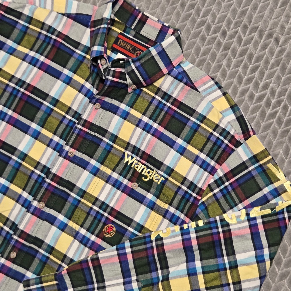 Wrangler Twenty X Mens Plaid Western Button Down Shirt Long Sleeve Logo XL PBR